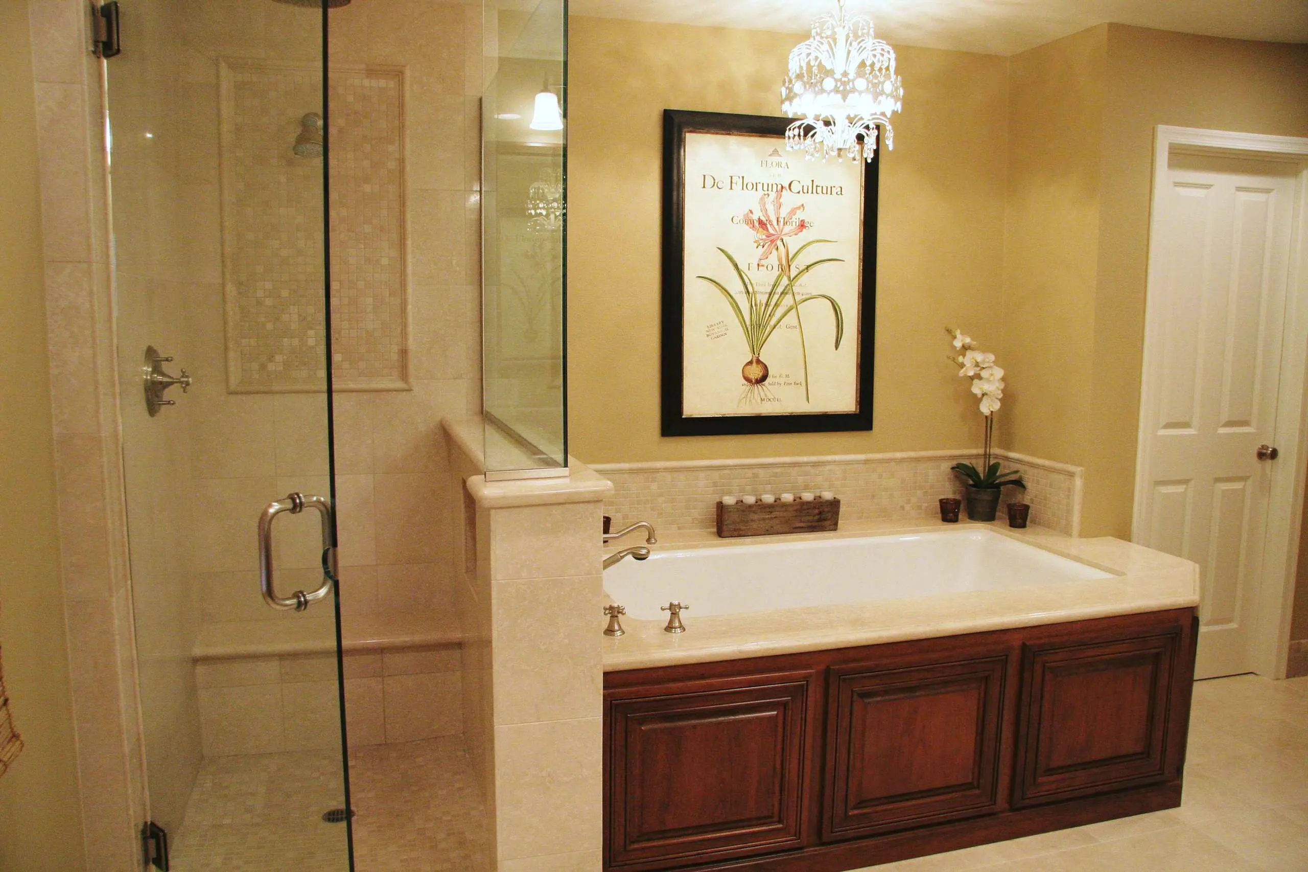 Spa-style master bath with soaking tub and walk-in shower in Yorba Linda